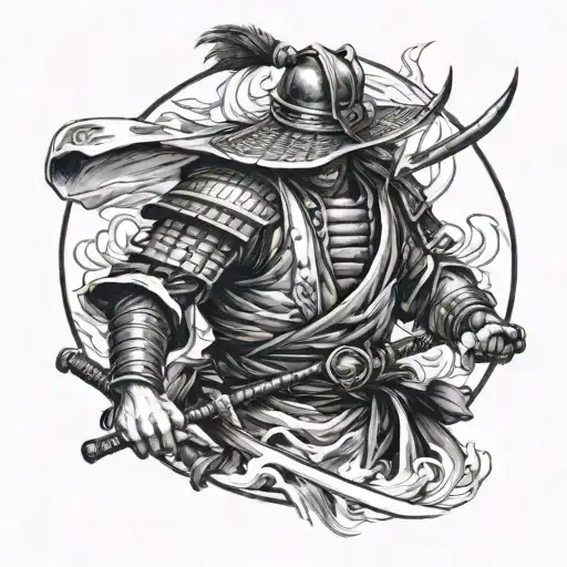 Samurai In Japanese Style Realism Tattoo Sketch In Black And White
