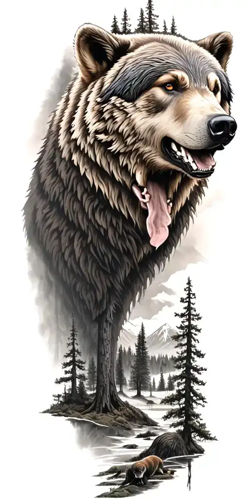 Bear And Woods And Mountains And Wolf Head