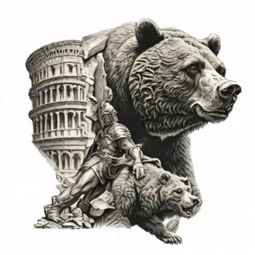 Bear With Gladiator In Colosseum And Roman God