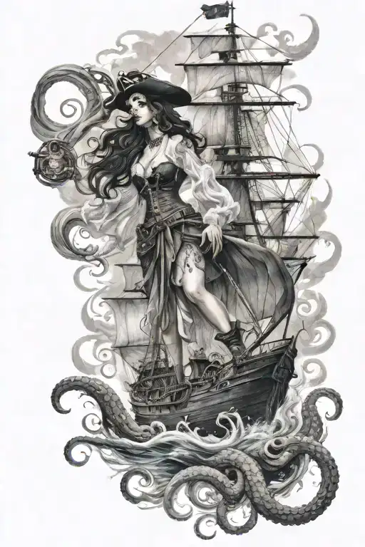 Pirates Lady Calves Sleeve Tattoo Boats And A Giant Octopus Emerging