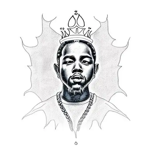 A Blackwork Tattoo Of Kendrick Lamar With A Spine Crown And A Microphone Stand