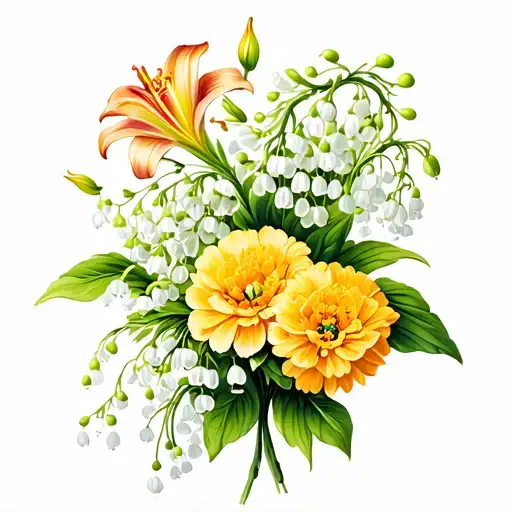 Lily Of The Valley And Marigold And Carnation Flowers Intertwined