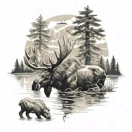 A Moose Drinking From A Lake And A Bear Catching A Fish