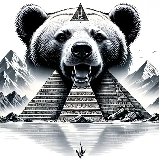 Mountain Peaks And Small Bear With Optical Illusion Of Egyptian Pyramid With Tribal Below