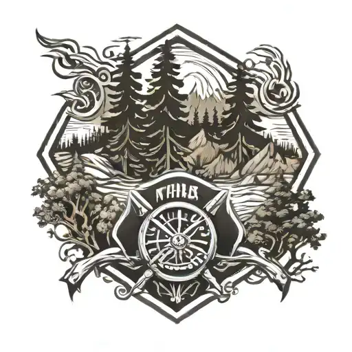A Firefighter Emblem Surrounded By Nature Elements Like Trees And Mountains