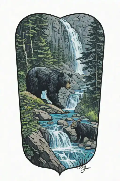 Waterfall And Black Bear Looking Back