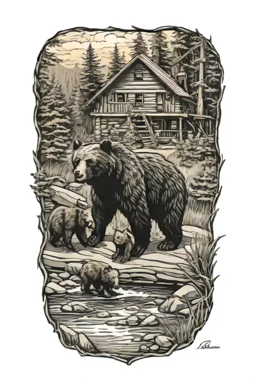 A Black Bear With Cubs Beside A Creek And Cabin