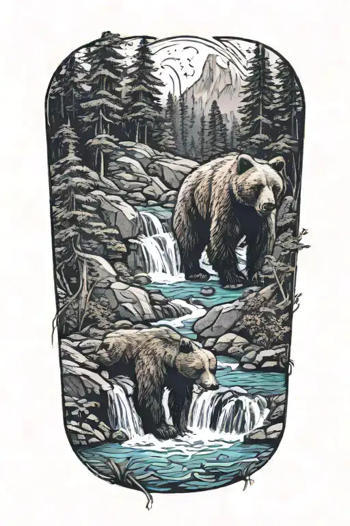 A Mama Bear In Cub At A Waterfall Surrounded By Lush Forest