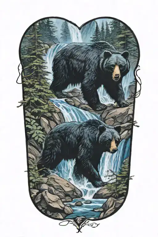 Blue Waterfall And Black Bear Walking