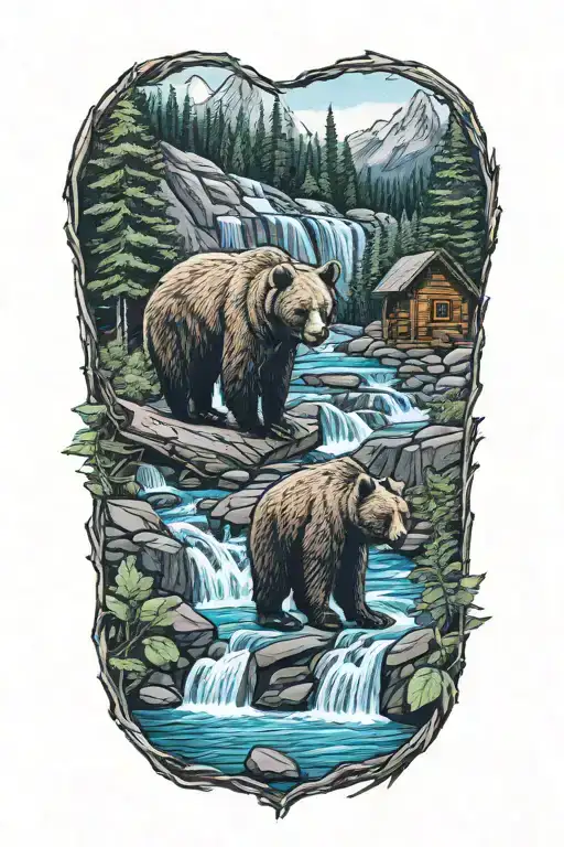 A Mama Bear In Cub At A Waterfall Surrounded By Lush Forest And A Log Cabin