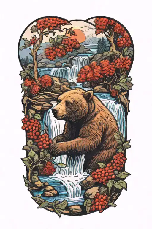Bear Eating Berries Beside A Waterfall Surrounded