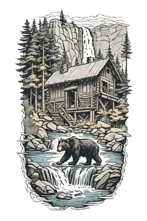 A Black Bear Standing In Front Of A Cascading Waterfall With A Cabin Above