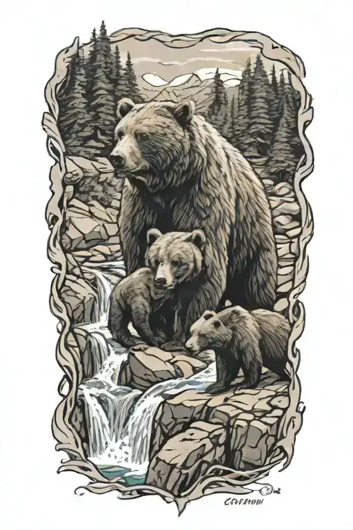 A Mama Bear In Cub Above A Waterfall