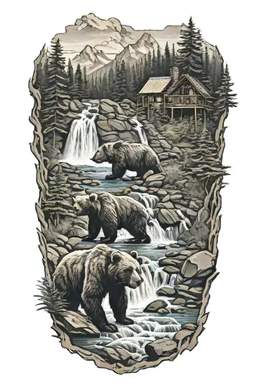 Waterfall And 4 Bears By A Cabin Nestled High