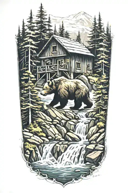 Cabin Above A Bear At A Waterfall Cascading