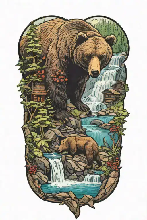 Bear Beside A Waterfall Eating Berries And Cabin