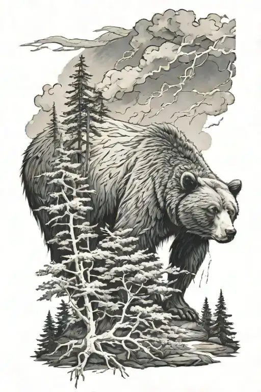 Bear In The Forest With Thunderstorm