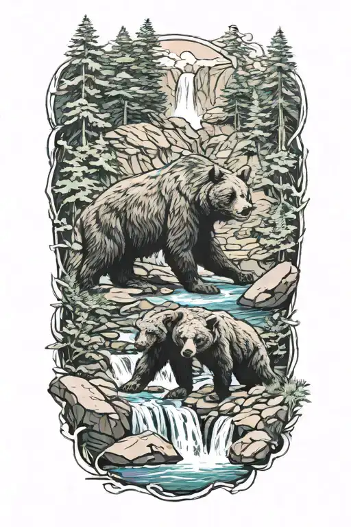 A Mama Bear In Cub At A Waterfall Surrounded By Lush Greenery
