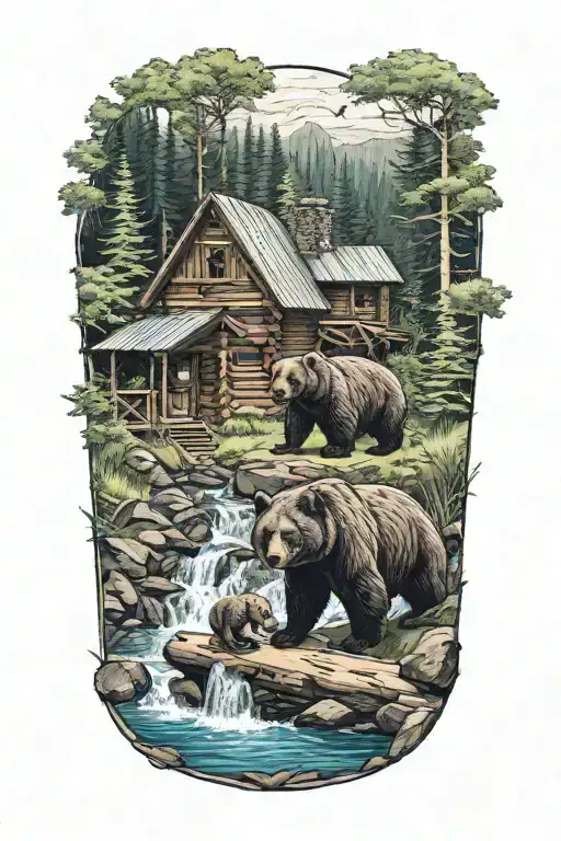 Bear And Cub At A Waterfall Surrounded By Lush Greenery And A Log Cabin
