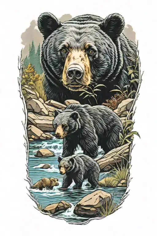 A Black Bear With Cubs At The River In Color