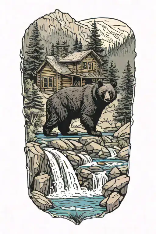 A Black Bear Standing In Front Of A Cascading Waterfall With A Cabin Below