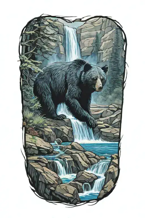 Blue Waterfall And Black Bear Looking
