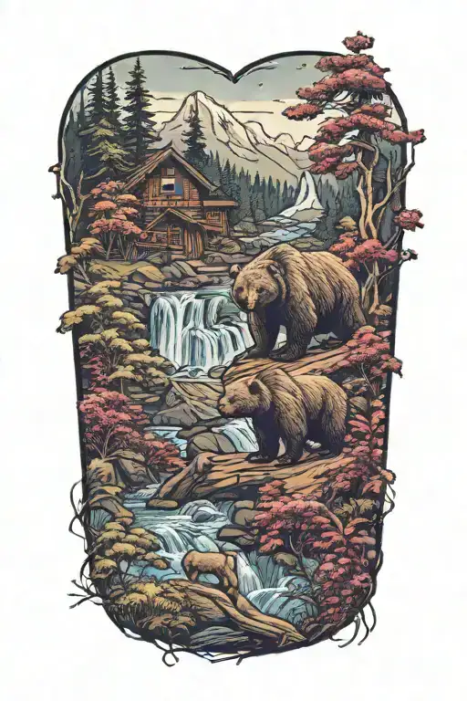 Bear And Cub At A Waterfall Surrounded By Berry Bushes And A Log Cabin
