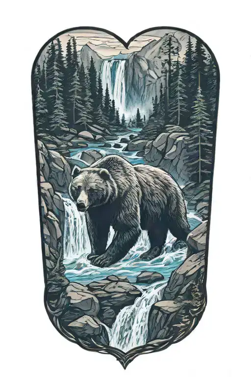 Bear In A Waterfall Forest Mountain