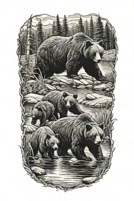A Black Bear With Cubs Beside A Lake