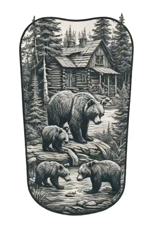 Mama Bear With Four Cubs By A Cabin