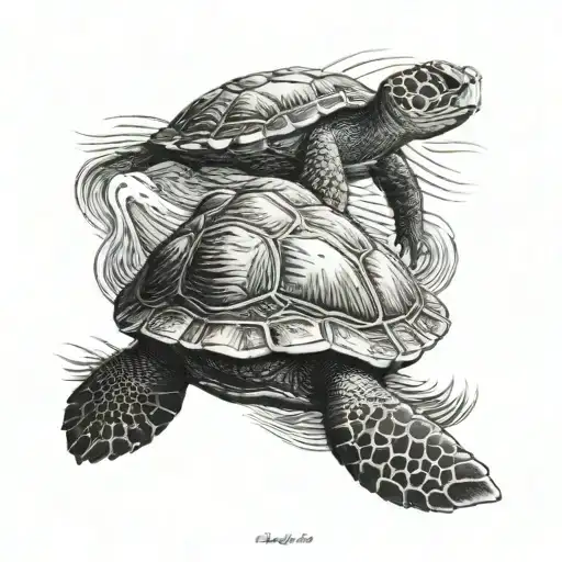 Turtle With Wave And Mountain Landscape