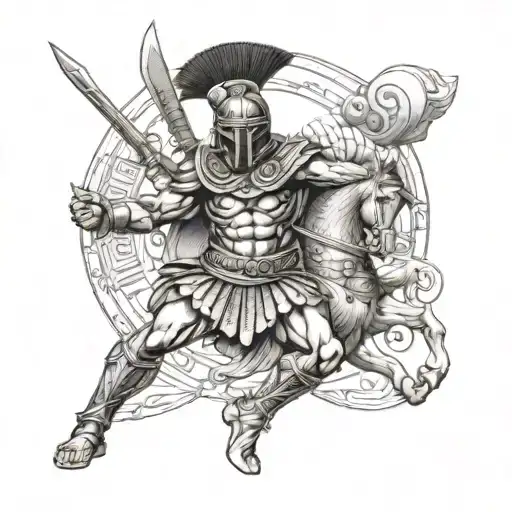 Design A Sleeve Tattoo Featuring A Greek Warrior Battling An Egyptian Deity