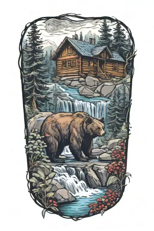 Bear Above A Waterfall Surrounded By Berry Bushes And A Log Cabin