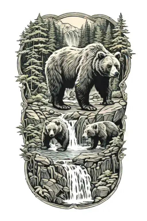 A Mama Bear In Cub At A Waterfall Surrounded By Lush Forest