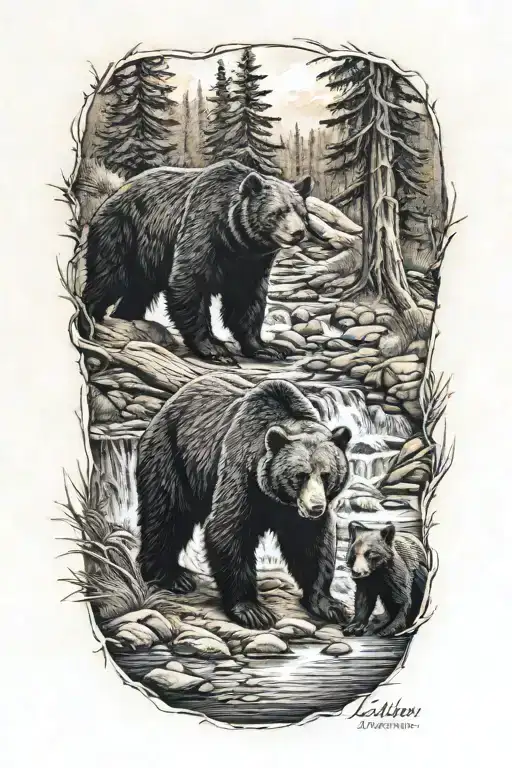 A Black Bear With Cubs Beside A Creek