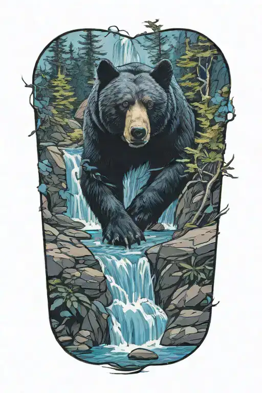 Blue Waterfall And Black Bear Sitting