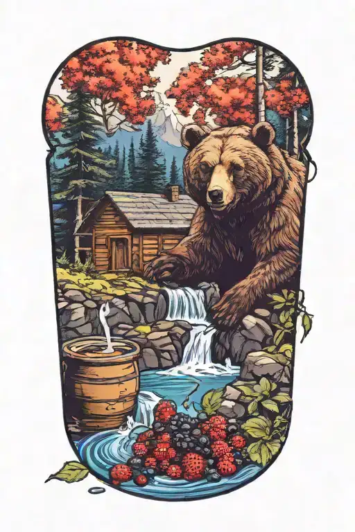 Bear Beside A Waterfall Eating Berries And Cabin