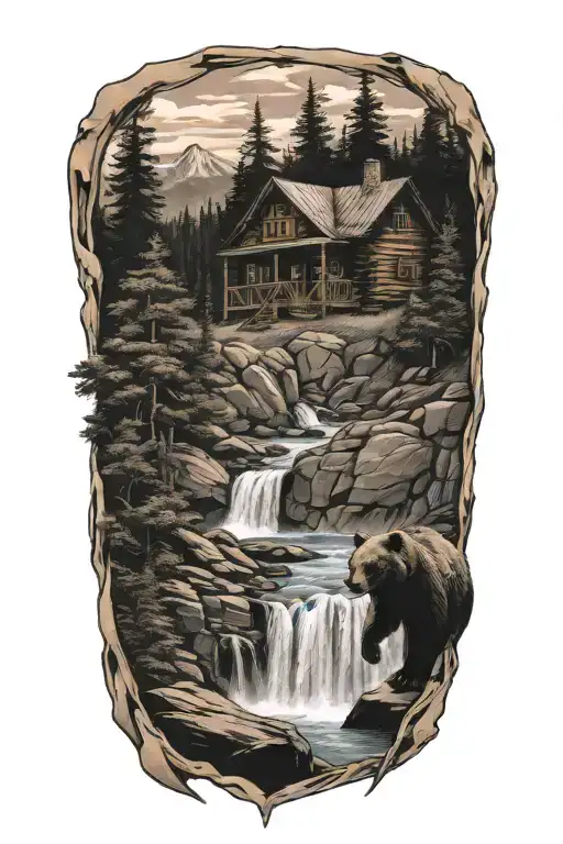 Bear Overlooking A Cabin And Waterfall