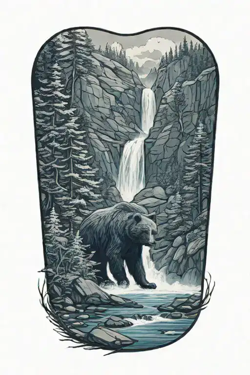 Waterfall And Black Bear Looking