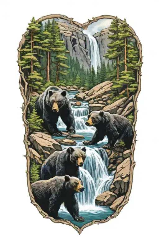 A Black Bear With Cubs At A Waterfall In Color