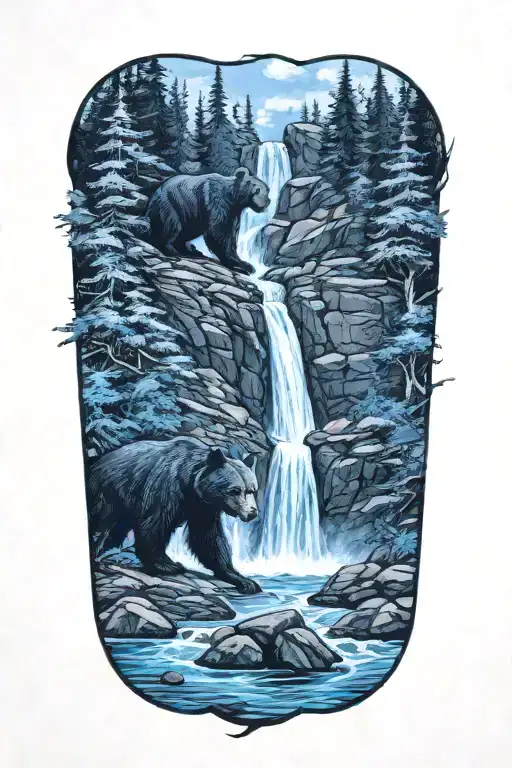 Blue Waterfall And Black Bear Sitting