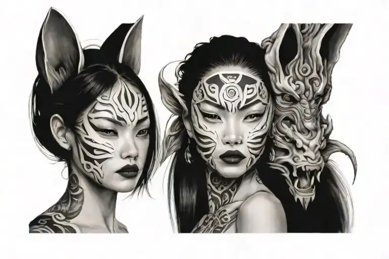 Woman With Broken Oni Mask And A Kitsune In The Background And Japanese Style