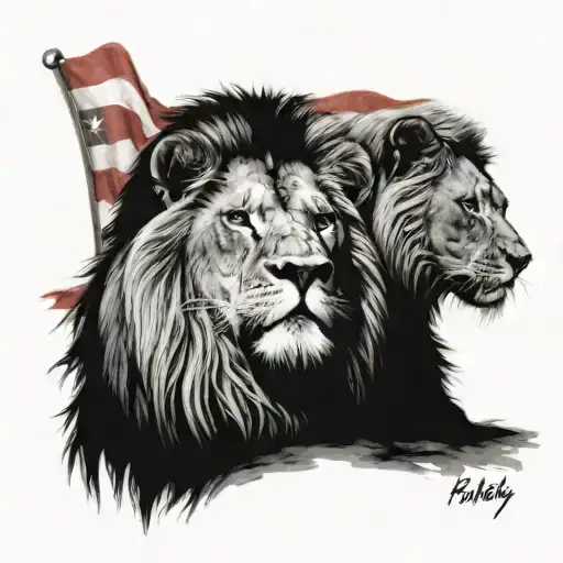 Lion Family With Americab Flag