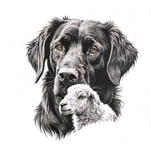Black Dog Following A Lamb