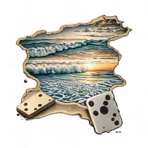 Beach Sunset With A Domino Piece At The Right Corner And A Baseball Ball At The Left Corner