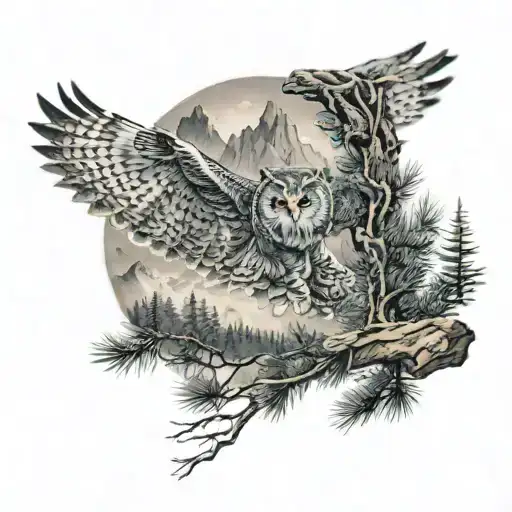 Realistic Owl Attacking In Flight With Mountain And Pine Tree Background