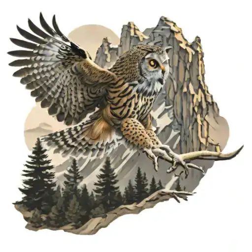Realistic Owl Attacking With Talons Outstretched In Flight With Mountain And Pine Tree Background