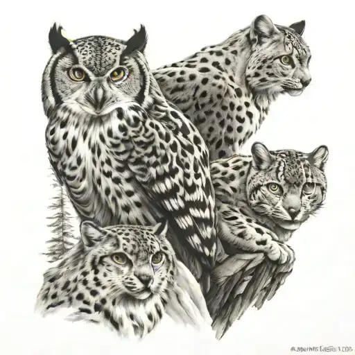 Owl And Snow Leopard On Mountain Peak