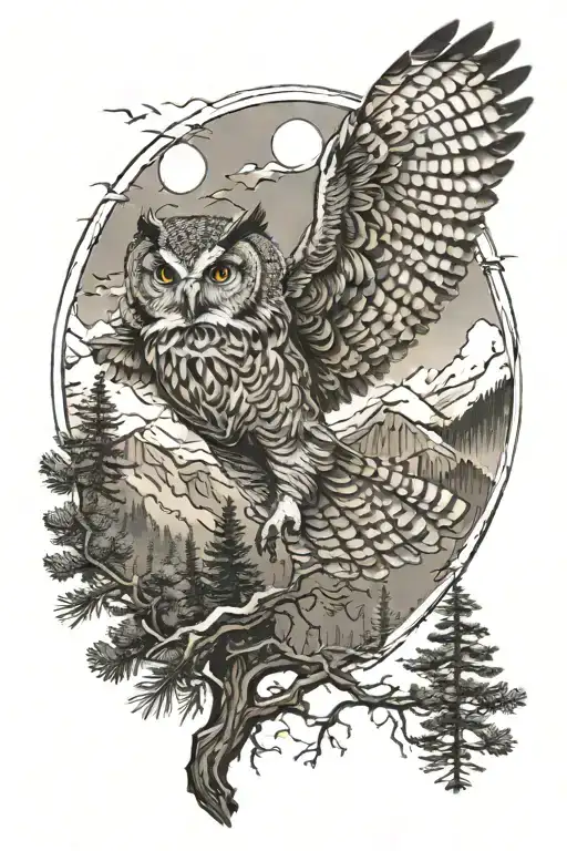 Realistic Owl Attacking With Talons Outstretched In Flight With Mountain And Pine Tree Background