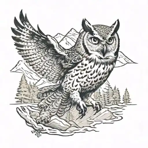 Owl Attacking With Mountain And Pine Tree Background